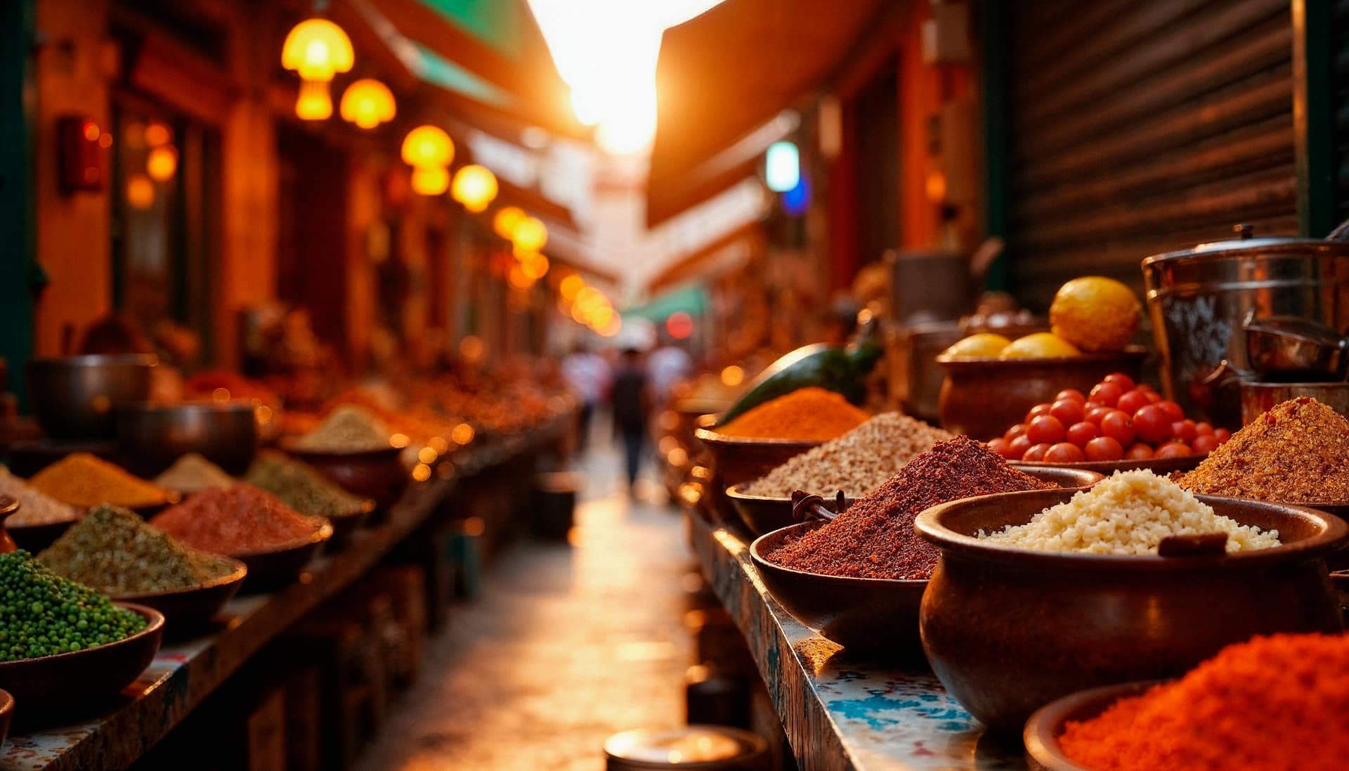 Vibrant spice market in India with sacks of whole spices